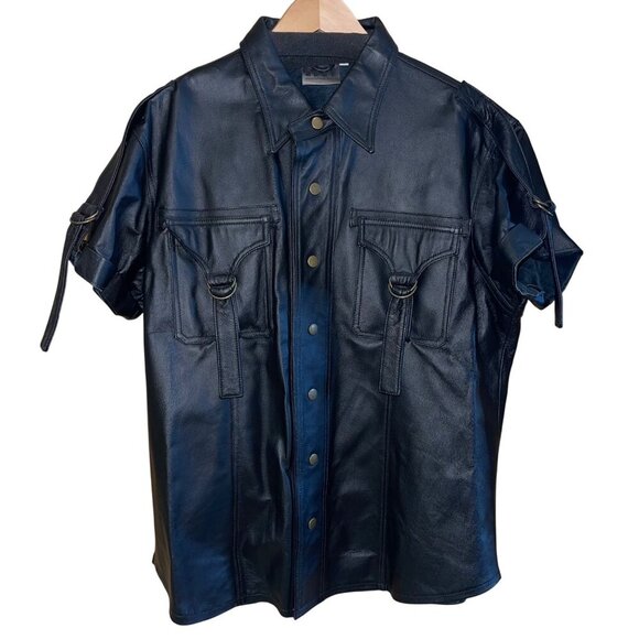 International Male Vintage Mens Shirt Size XL Black Short Sleeve Leather
